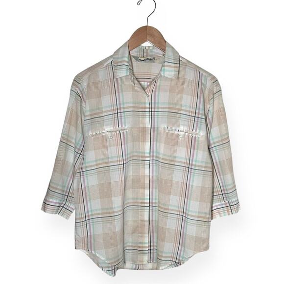 Vintage DIANE VON FURSTENBERG Button Up Blouse Top 3/4 Sleeve Plaid Pink Green S - Picture 6 of 10